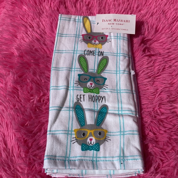 Isaac Mizrahi bunnies in glasses on plaid dish towels set of two NWT - Picture 2 of 4